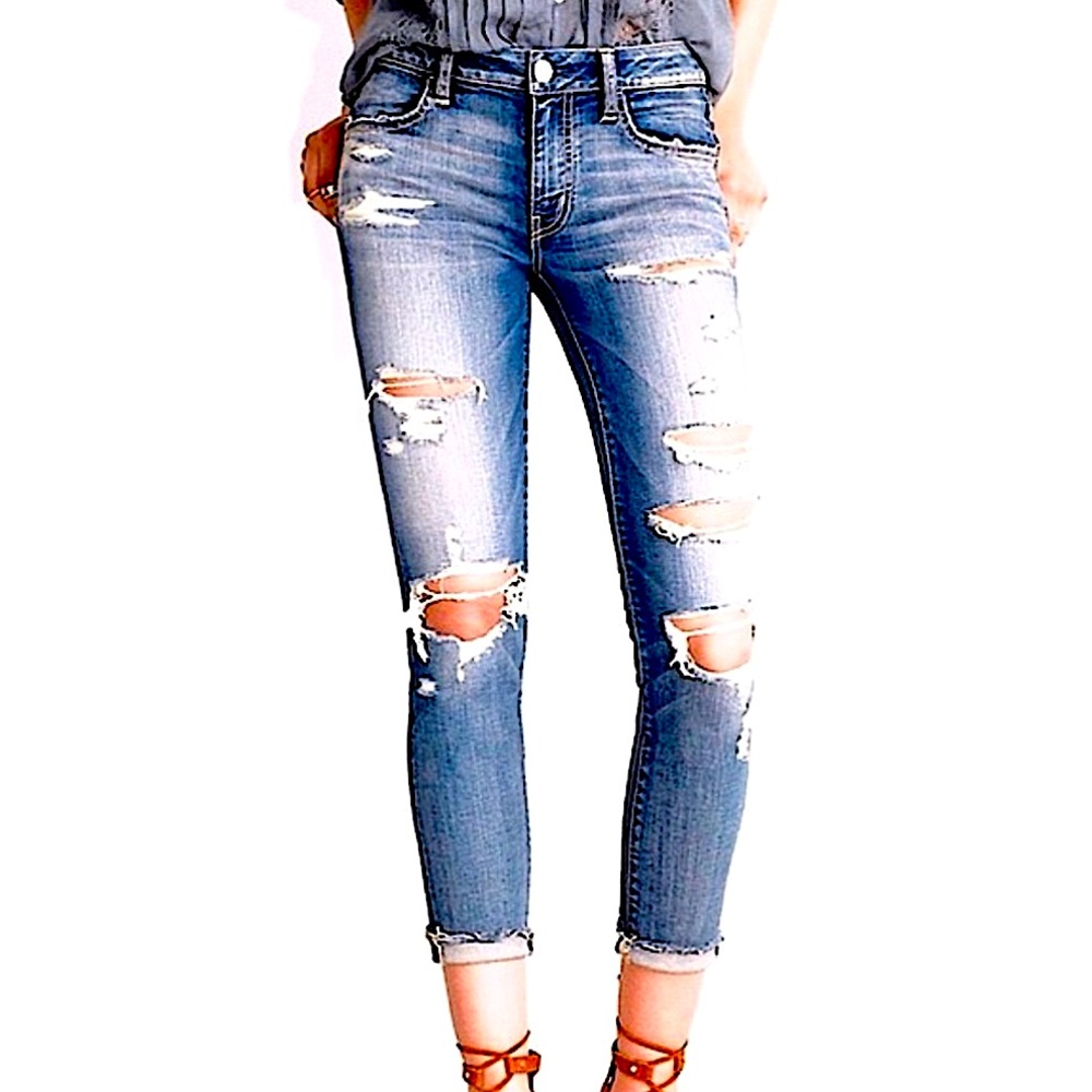 American Eagle AEO Denim Cafe Super Super Stretch Distressed Cropped Jegging, 8